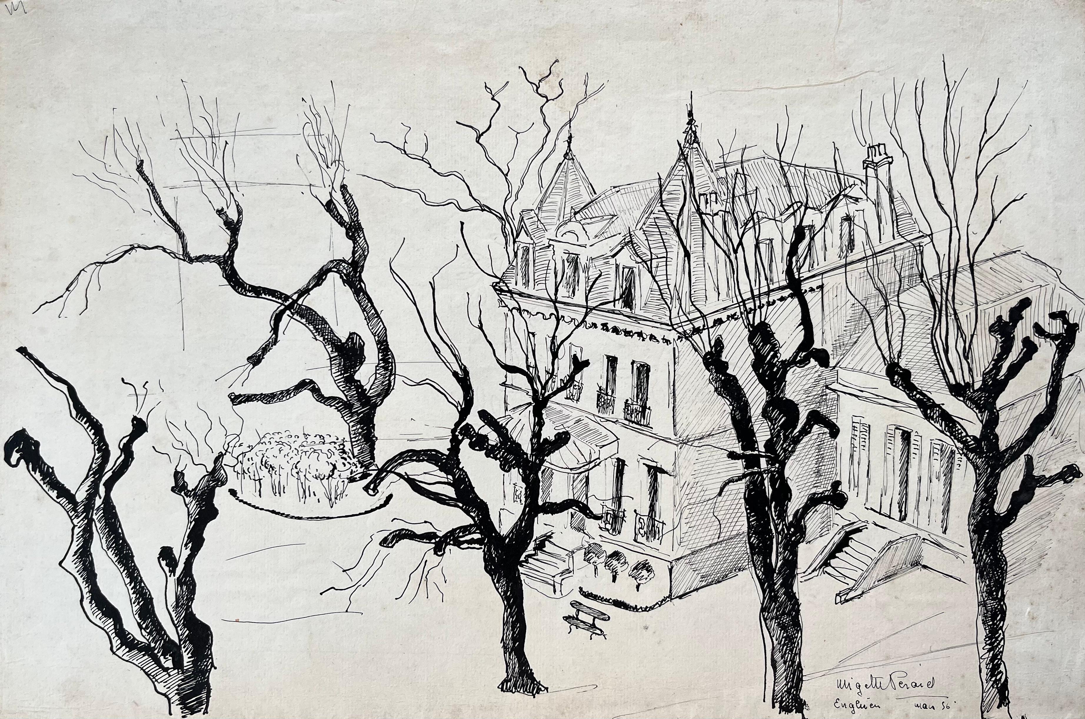 Figurative Painting de Anne Marie Migette Perard - Dibujo francés a tinta de mediados de siglo de una mansión en Enghien (Francia) con árboles de invierno