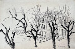 Mid-Century French Ink Drawing of Mansion in Enghien France With Winter Trees