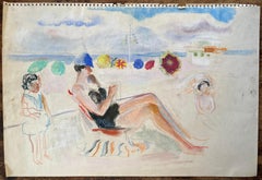 Mid-Century French Pastel Beach Scene With Seated Woman Knitting and Parasols