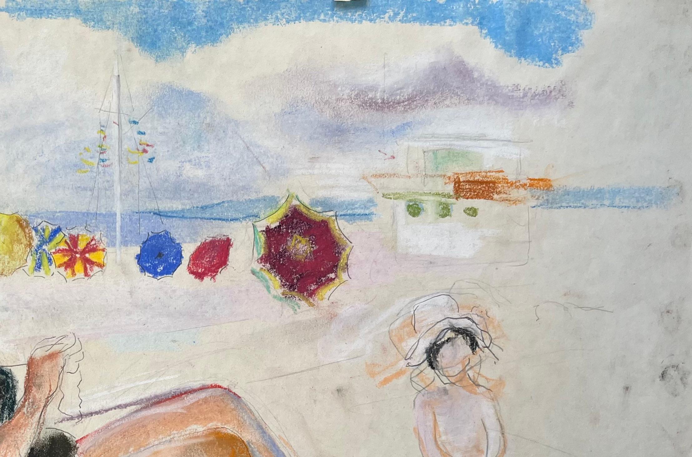 Título: Escena de playa en pastel francés de mediados de siglo con mujer sentada tejiendo y sombrillas
de Anne Marie Migette Perard (francesa 1902-1977)
Soporte: Pastel sobre papel sin enmarcar
Tamaño: 14,5 pulgadas (alto) x 21,25 pulgadas