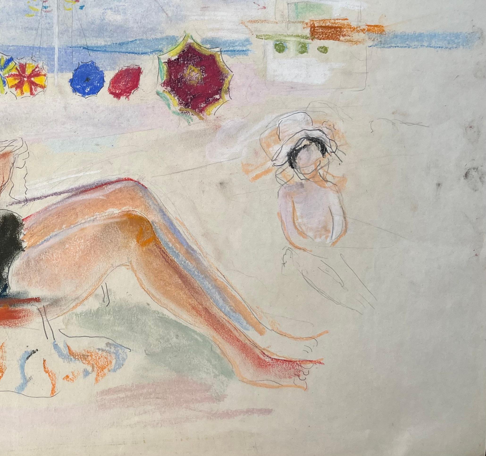 Escena de playa en pastel francés de mediados de siglo con mujer sentada tejiendo y sombrillas en venta 1