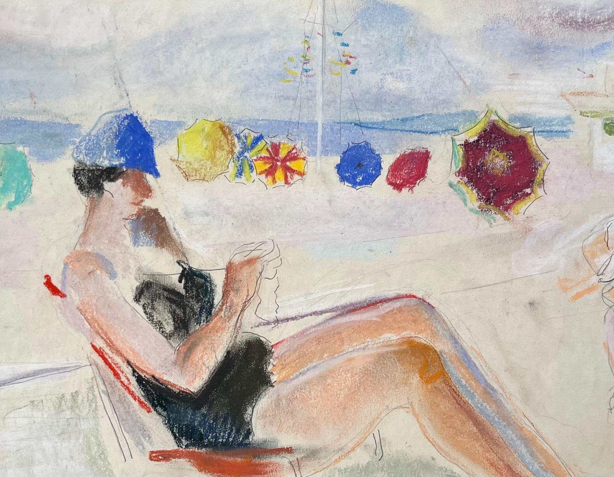 Escena de playa en pastel francés de mediados de siglo con mujer sentada tejiendo y sombrillas en venta 2