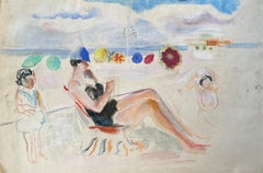 Escena de playa en pastel francés de mediados de siglo con mujer sentada tejiendo y sombrillas