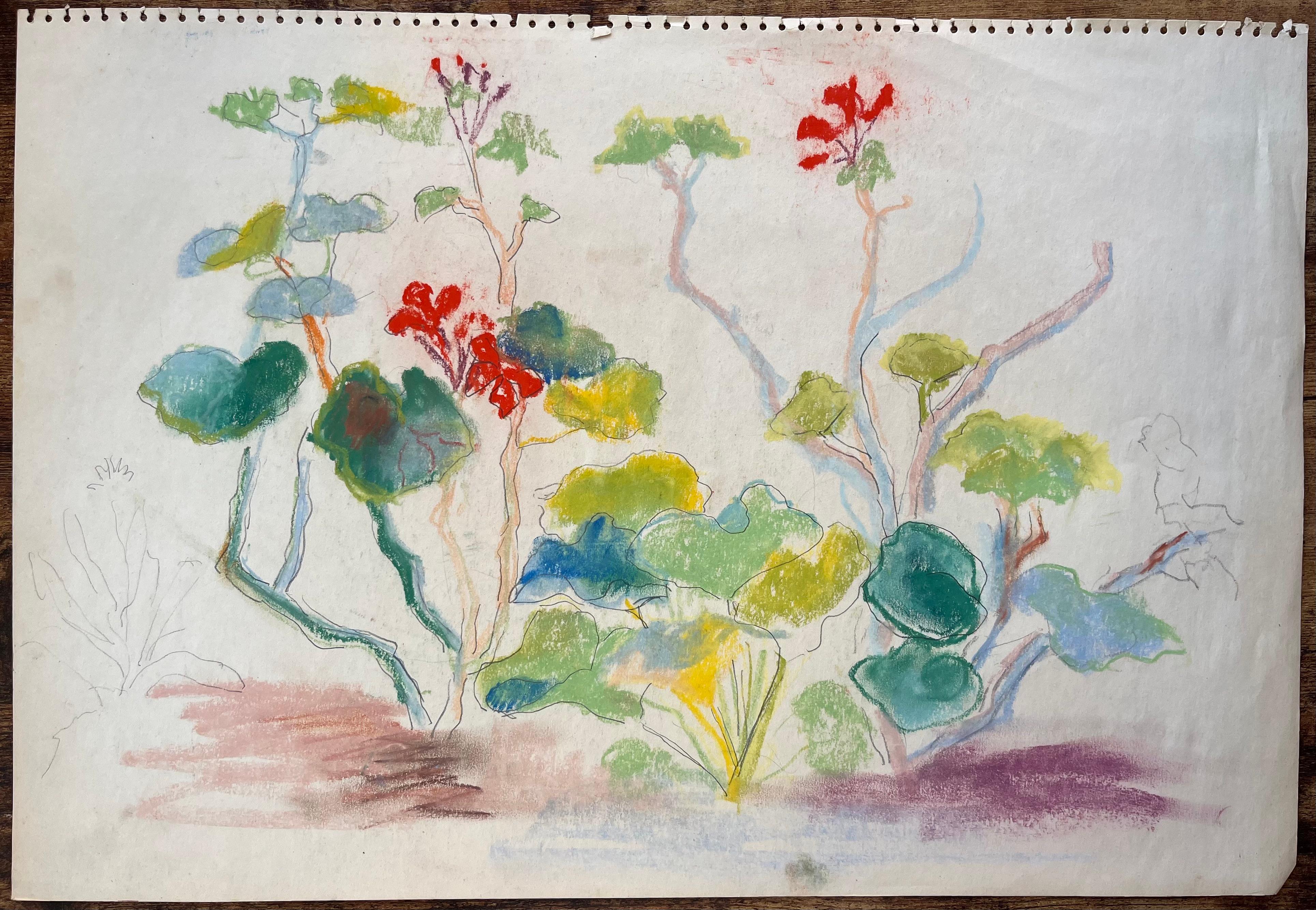 Französische Pastell-Botanische Studie aus der Jahrhundertmitte mit roten Blumen und grünem Laub – Painting von Anne Marie Migette Perard