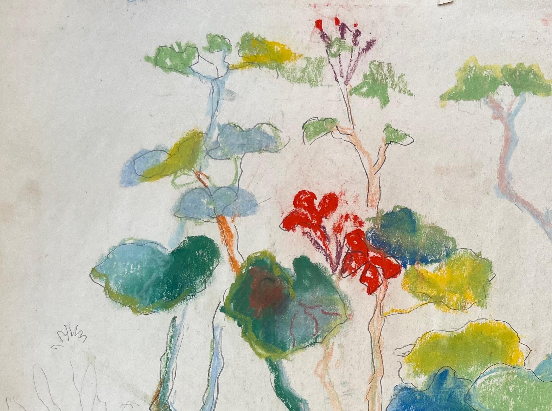 Französische Pastell-Botanische Studie aus der Jahrhundertmitte mit roten Blumen und grünem Laub (Post-Impressionismus), Painting, von Anne Marie Migette Perard