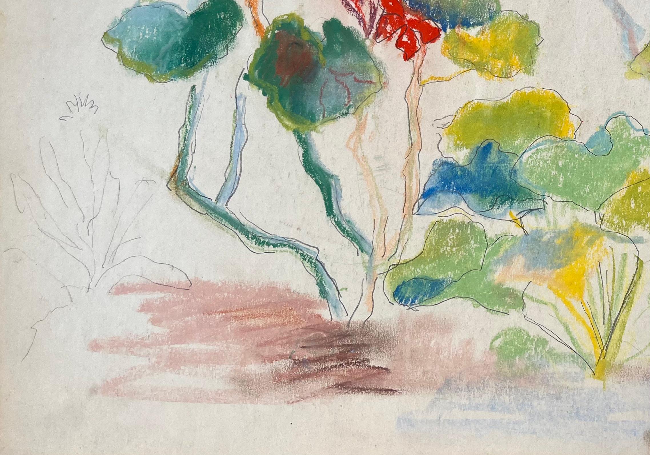 Französische Pastell-Botanische Studie aus der Jahrhundertmitte mit roten Blumen und grünem Laub (Grau), Landscape Painting, von Anne Marie Migette Perard
