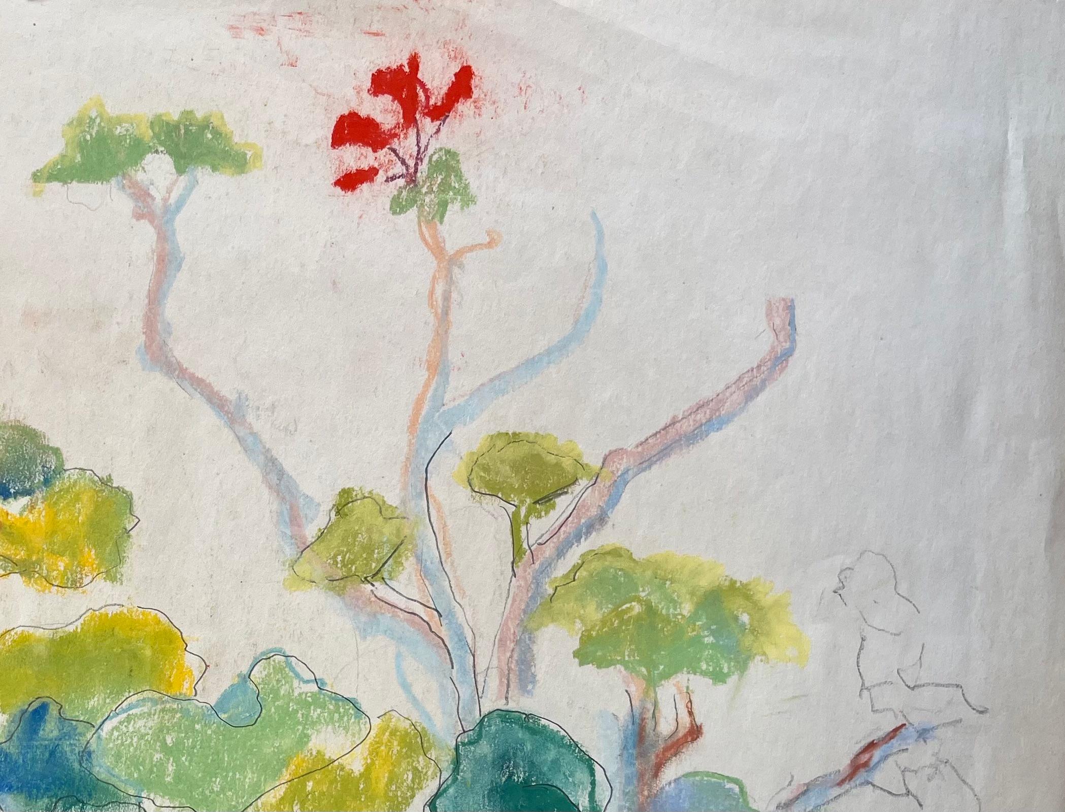 Französische Pastell-Botanische Studie aus der Jahrhundertmitte mit roten Blumen und grünem Laub im Angebot 1