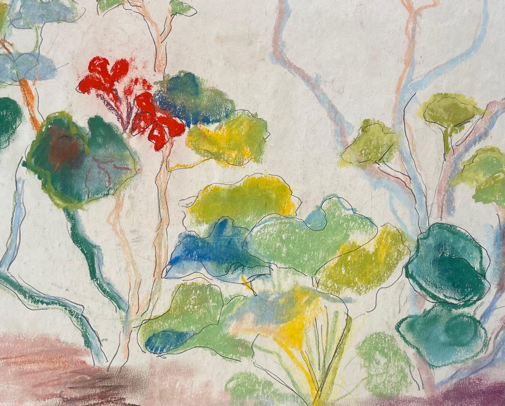 Französische Pastell-Botanische Studie aus der Jahrhundertmitte mit roten Blumen und grünem Laub im Angebot 2