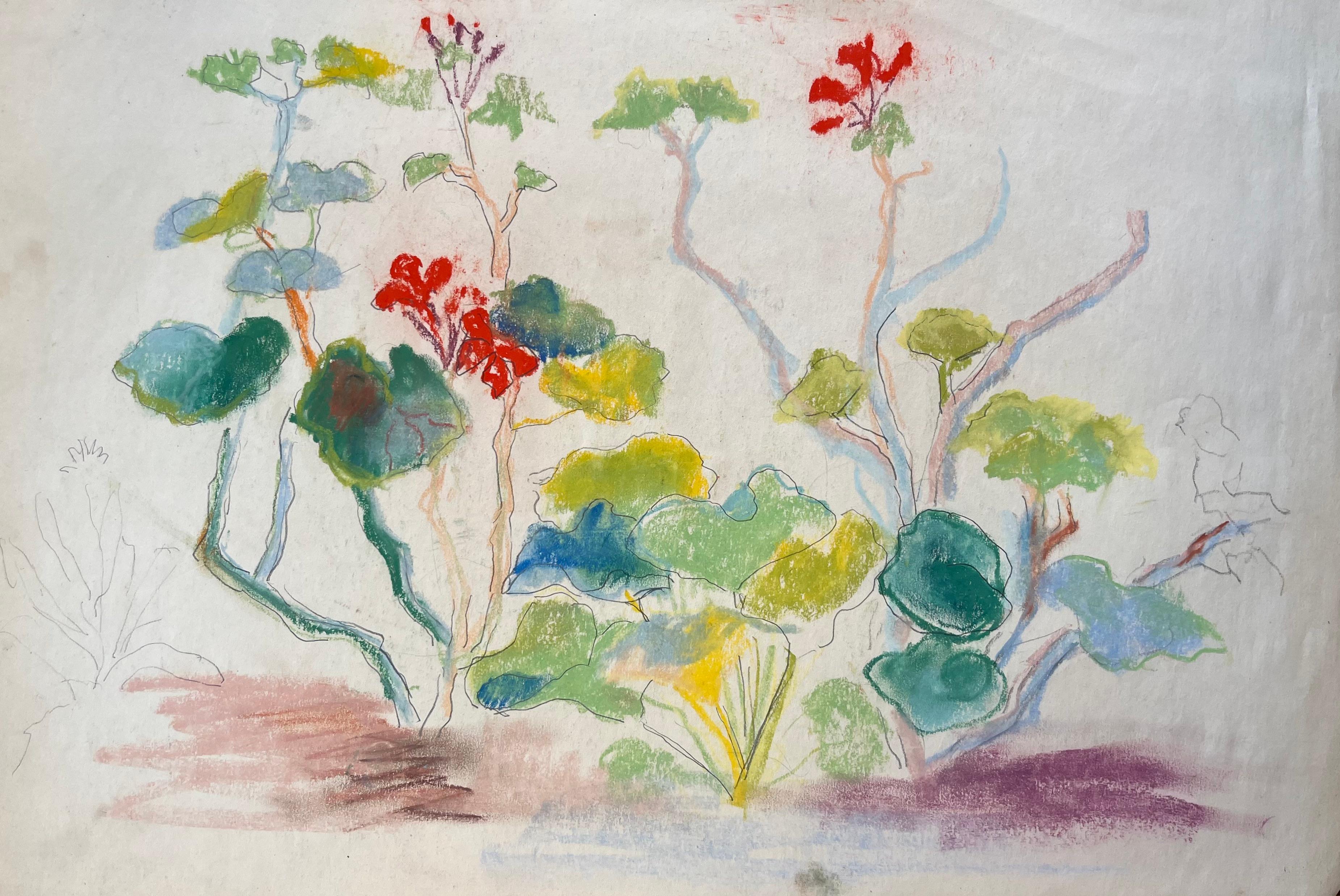 Anne Marie Migette Perard Landscape Painting – Französische Pastell-Botanische Studie aus der Jahrhundertmitte mit roten Blumen und grünem Laub