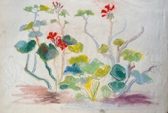 Estudio Botánico en Pastel Francés de Mediados de Siglo con Flores Rojas y Follaje Verde