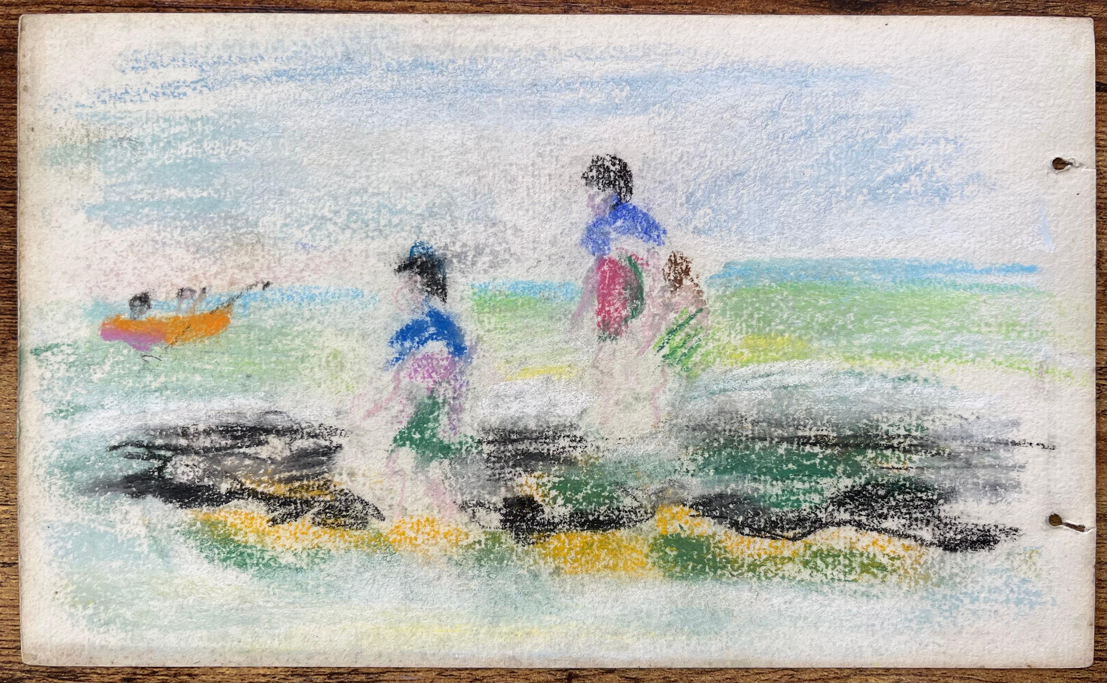 Scena costiera a pastello francese di metà secolo con bambini che giocano e barca a remi arancione - Painting di Anne Marie Migette Perard