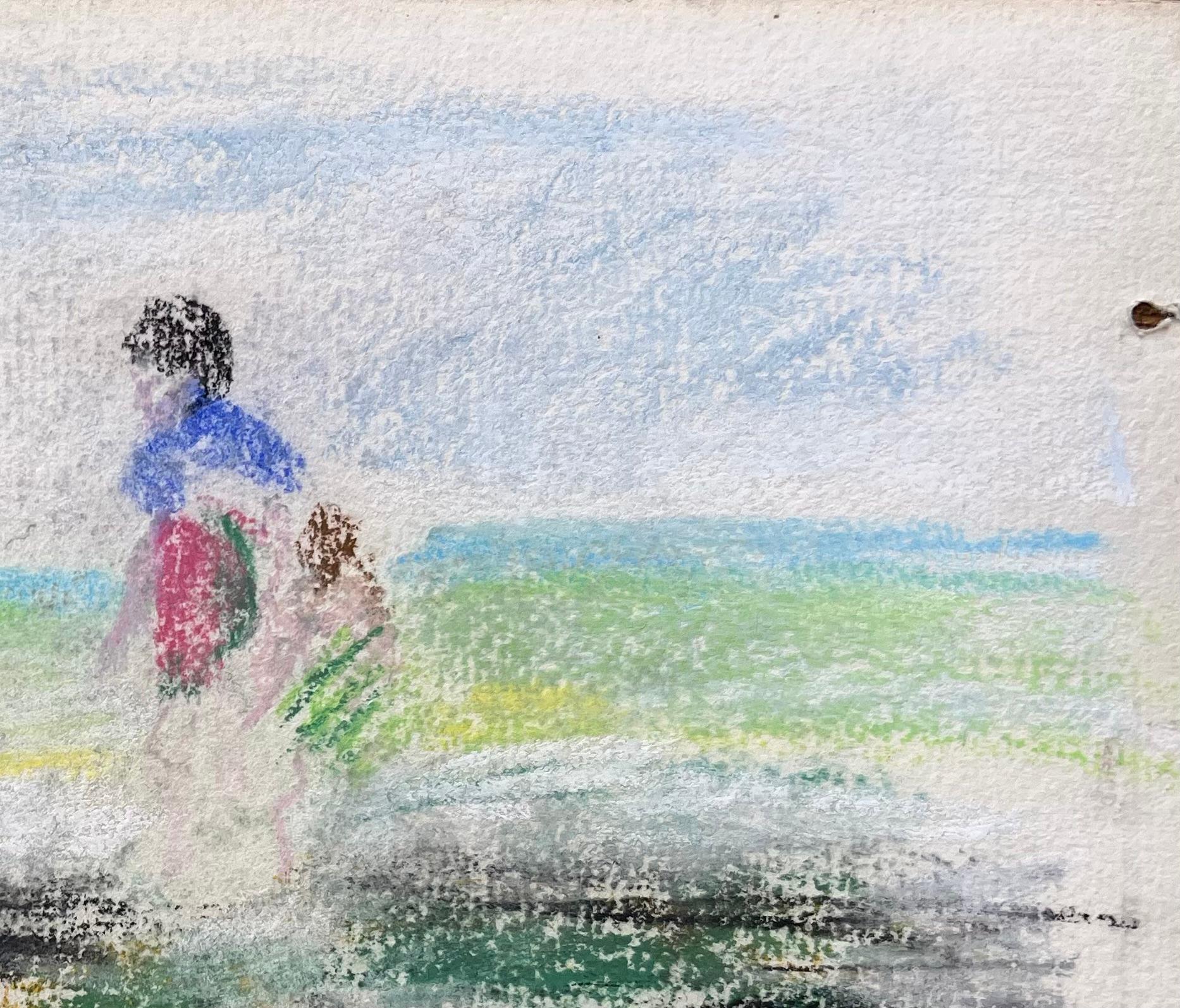 Scena costiera a pastello francese di metà secolo con bambini che giocano e barca a remi arancione - Painting Postimpressionismo di Anne Marie Migette Perard
