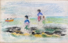 Mid-Century French Pastel Coastal Scene With Children Playing and Orange Rowboat