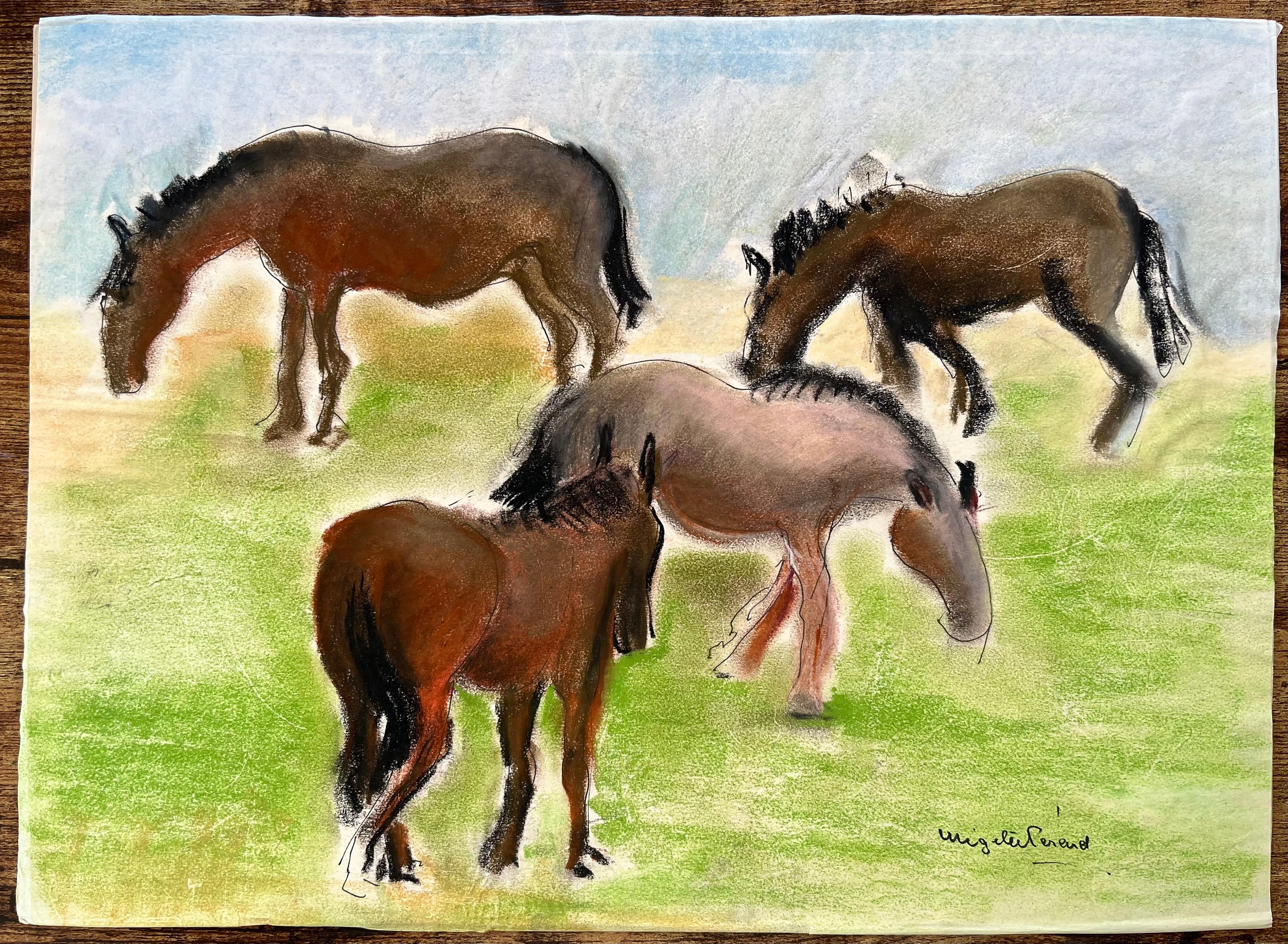 Dessin français au pastel du milieu du siècle dernier représentant quatre chevaux grattant dans un paysage de prairie - Painting de Anne Marie Migette Perard
