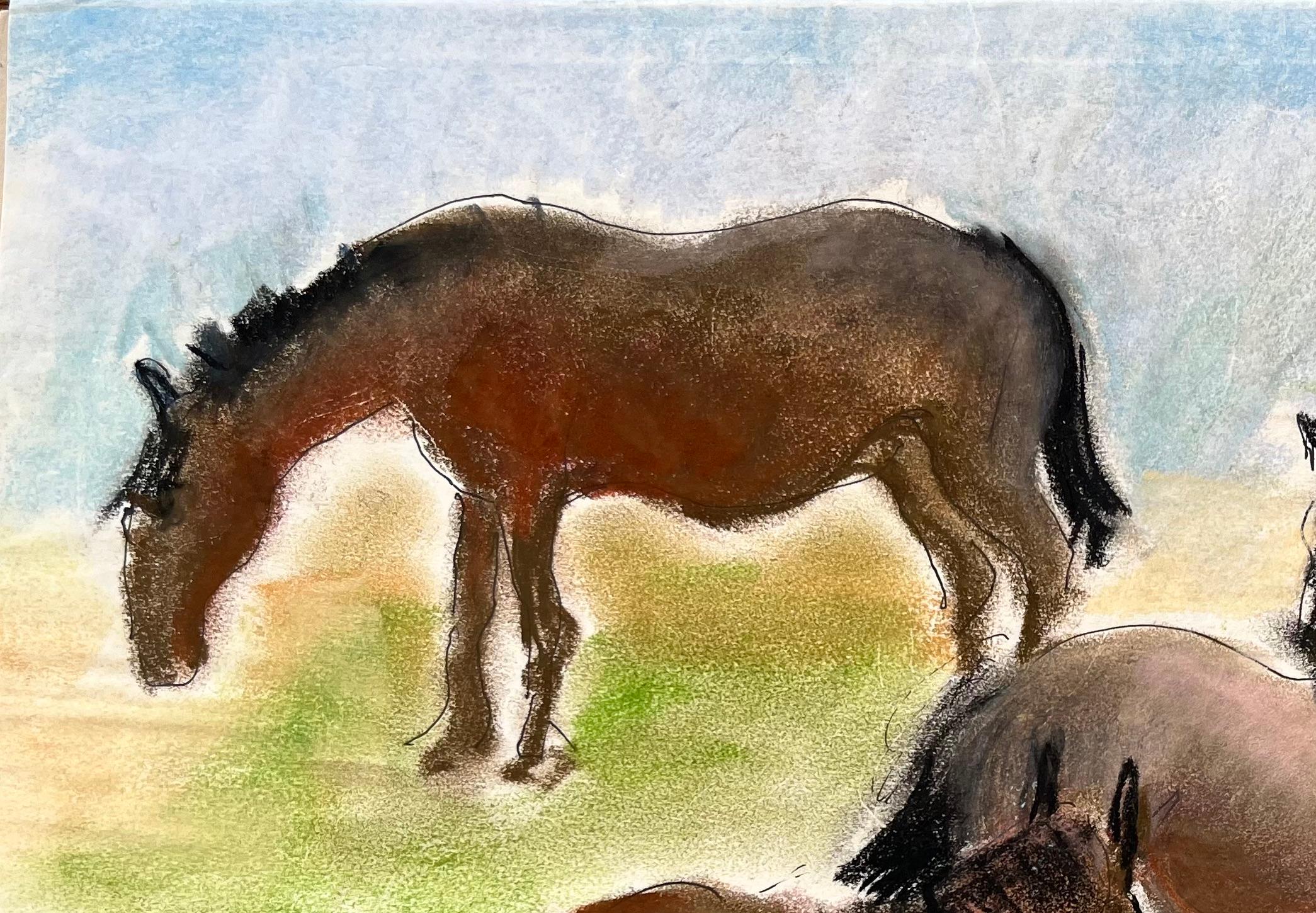 Dessin français au pastel du milieu du siècle dernier représentant quatre chevaux grattant dans un paysage de prairie - Post-impressionnisme Painting par Anne Marie Migette Perard