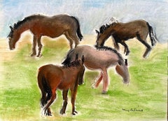 Mid-Century French Pastel Drawing of Four Horses Grazing in a Meadow Landscape