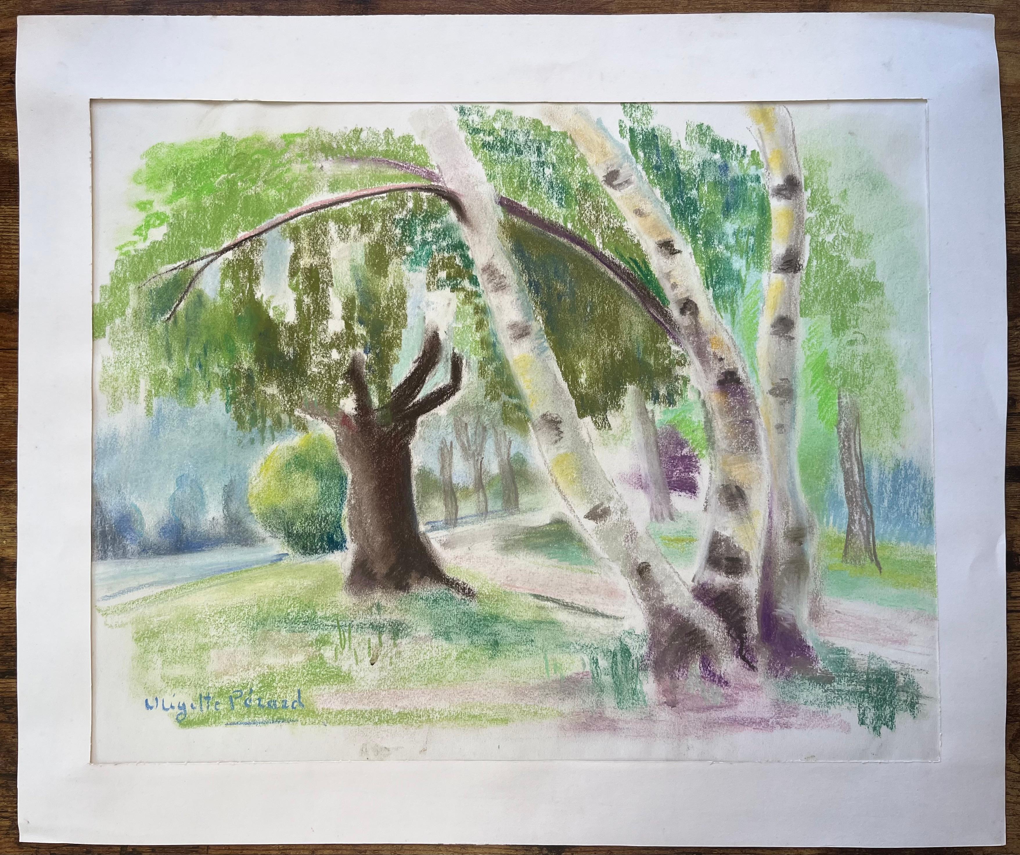 Paisaje en pastel francés de mediados de siglo con abedules a la luz del verano - Painting de Anne Marie Migette Perard