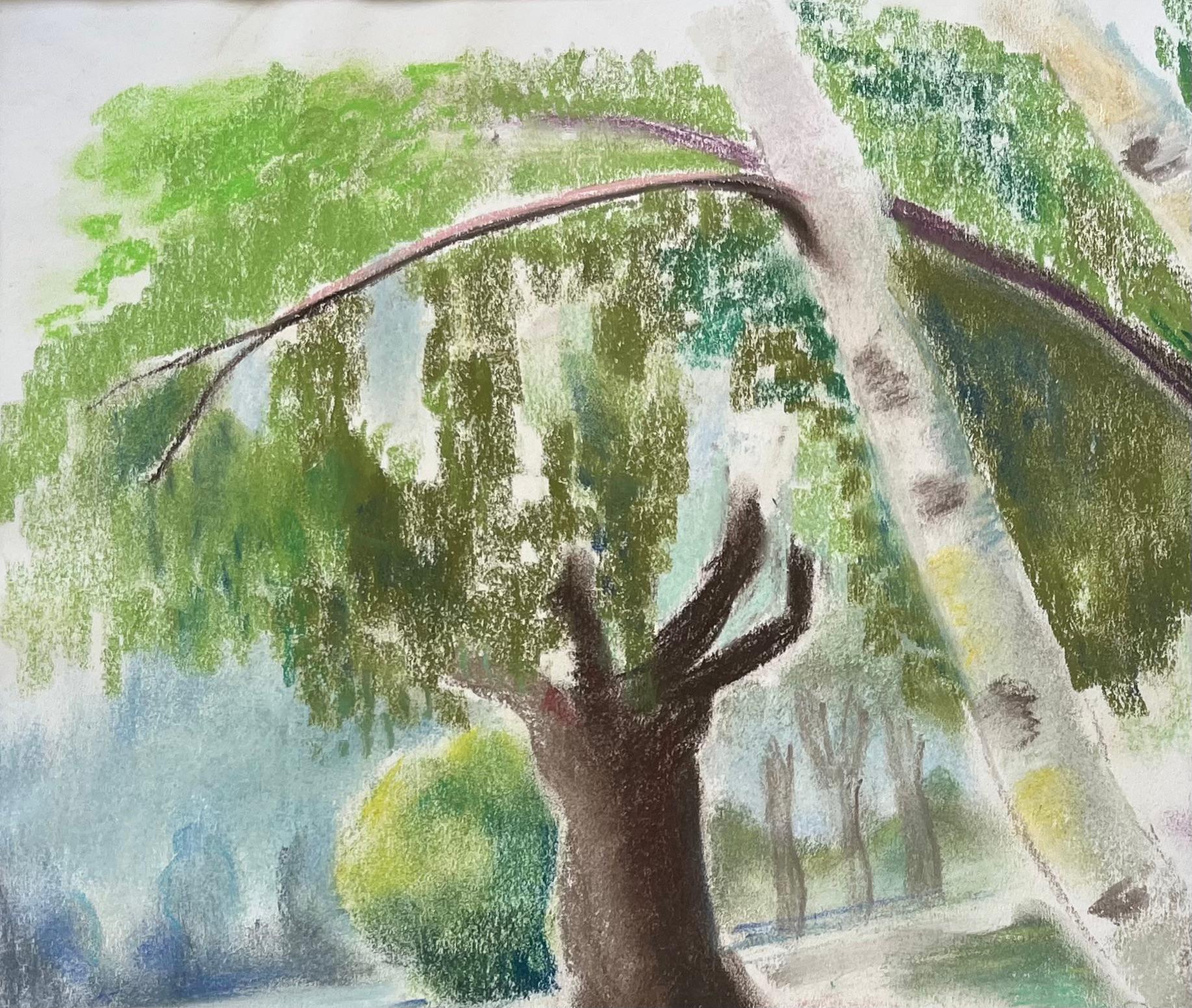 Paisaje en pastel francés de mediados de siglo con abedules a la luz del verano - Painting Posimpresionista de Anne Marie Migette Perard