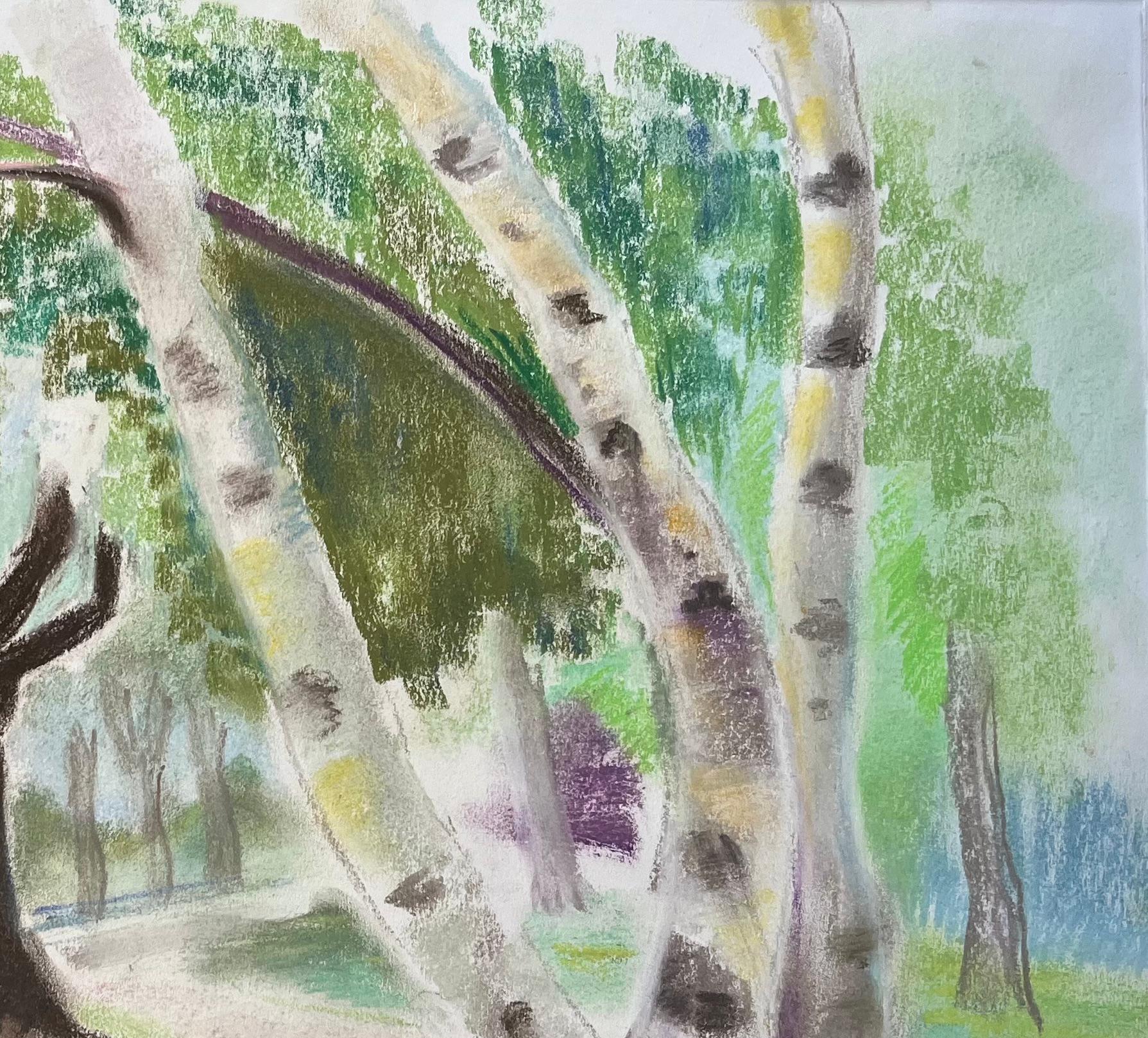 Paisaje en pastel francés de mediados de siglo con abedules a la luz del verano - Figurative Painting Gris de Anne Marie Migette Perard