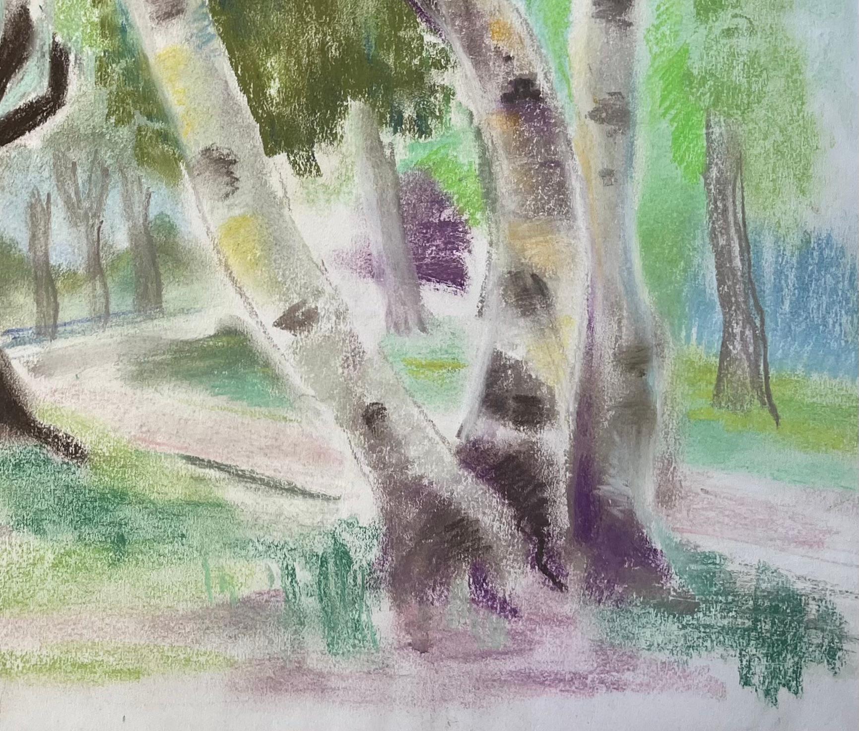 Paisaje en pastel francés de mediados de siglo con abedules a la luz del verano en venta 1
