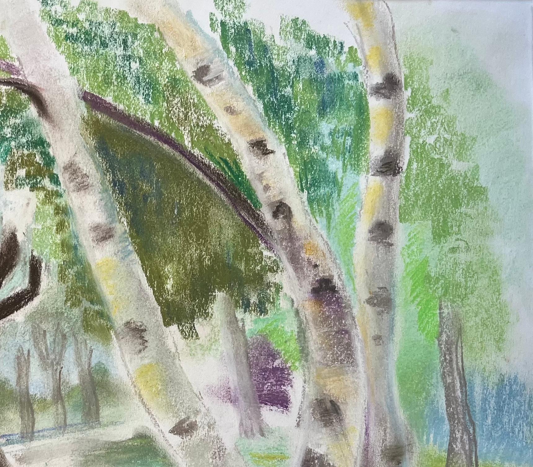 Paisaje en pastel francés de mediados de siglo con abedules a la luz del verano en venta 2