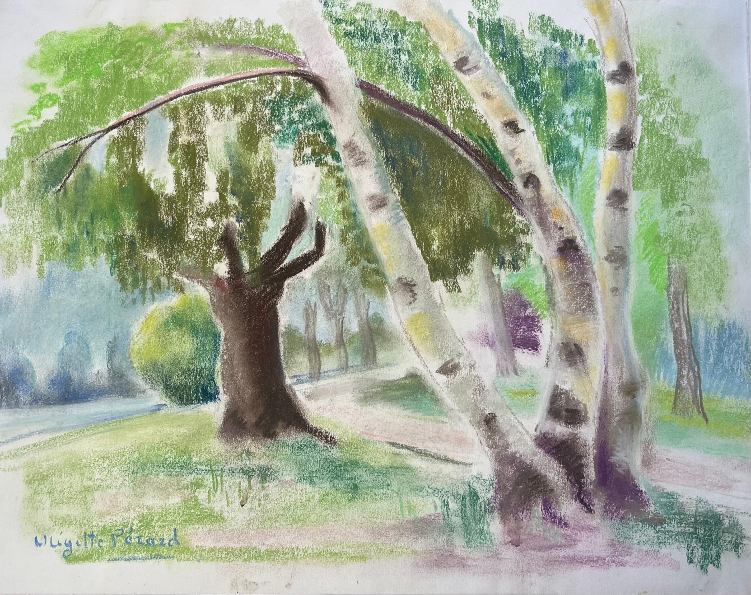 Figurative Painting de Anne Marie Migette Perard - Paisaje en pastel francés de mediados de siglo con abedules a la luz del verano