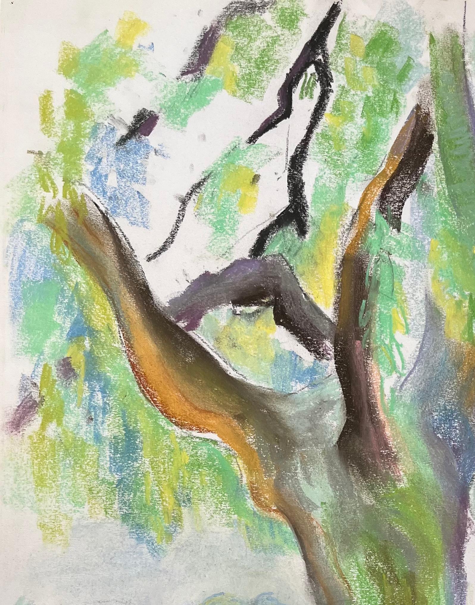 Pastello francese di metà secolo raffigurante un albero di salice in un parco lussureggiante - Painting Postimpressionismo di Anne Marie Migette Perard