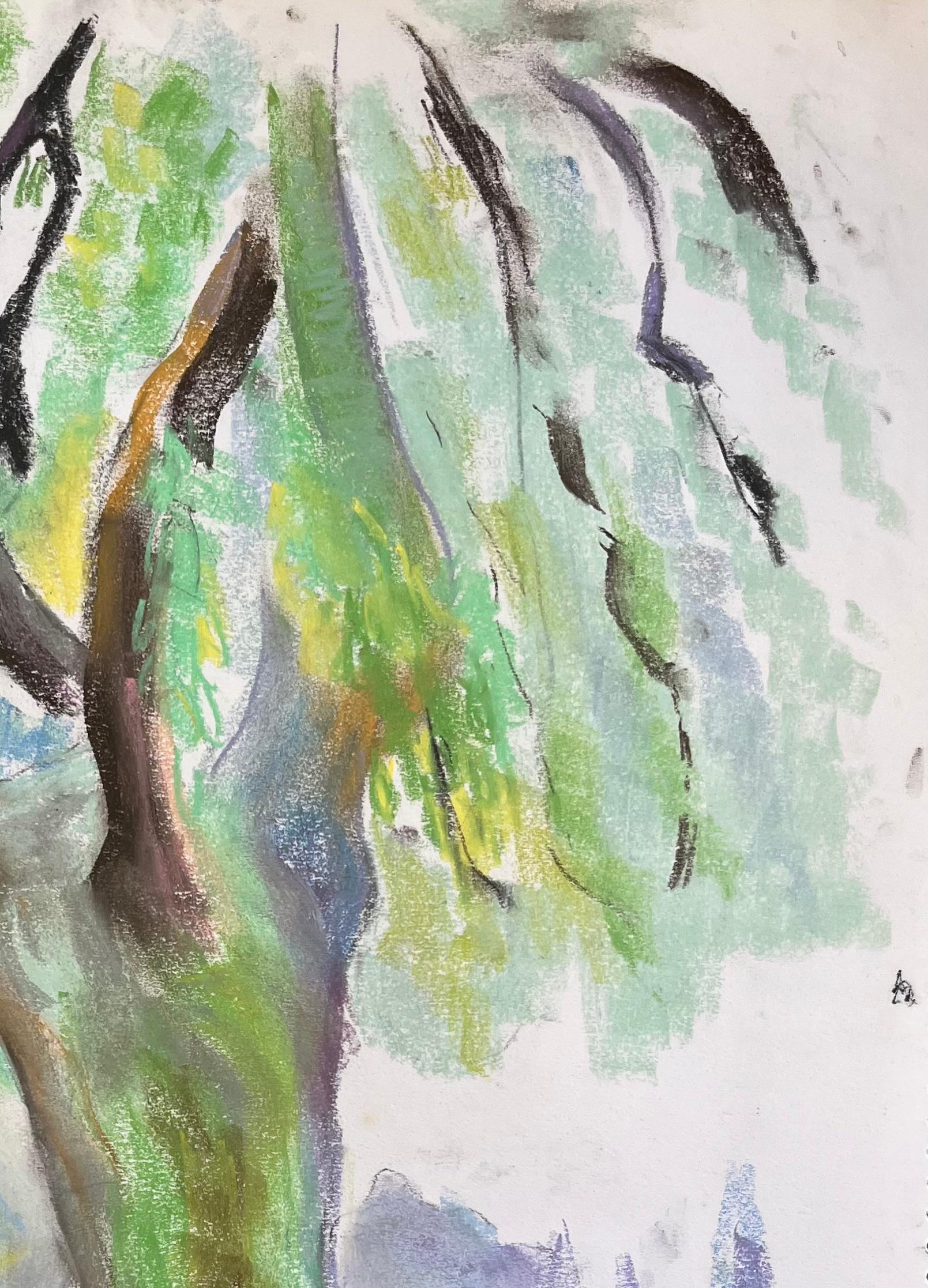 Pastello francese di metà secolo raffigurante un albero di salice in un parco lussureggiante - Figurative Painting Grigio di Anne Marie Migette Perard