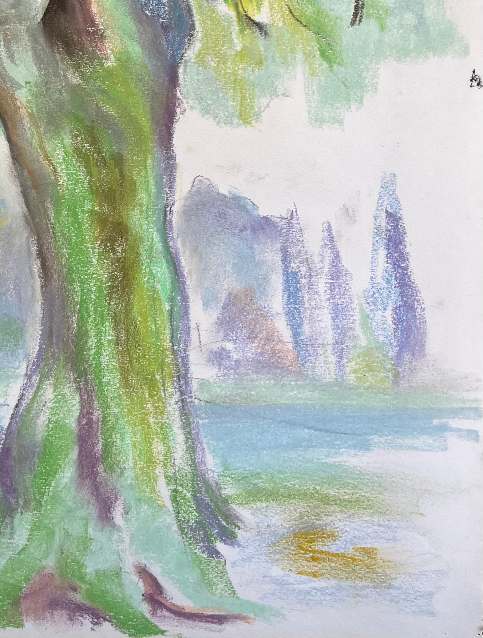 Pastello francese di metà secolo raffigurante un albero di salice in un parco lussureggiante in vendita 1