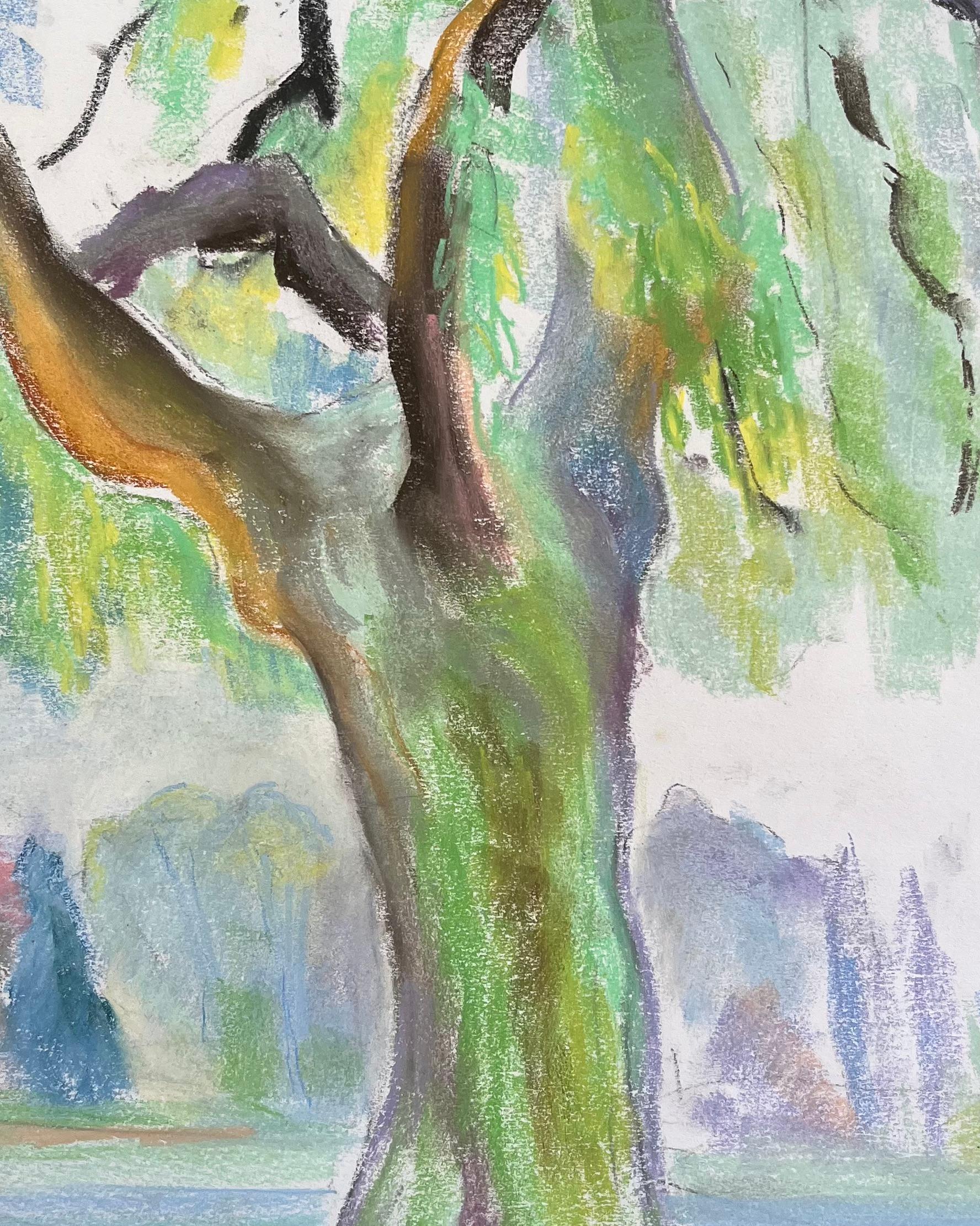 Pastello francese di metà secolo raffigurante un albero di salice in un parco lussureggiante in vendita 2