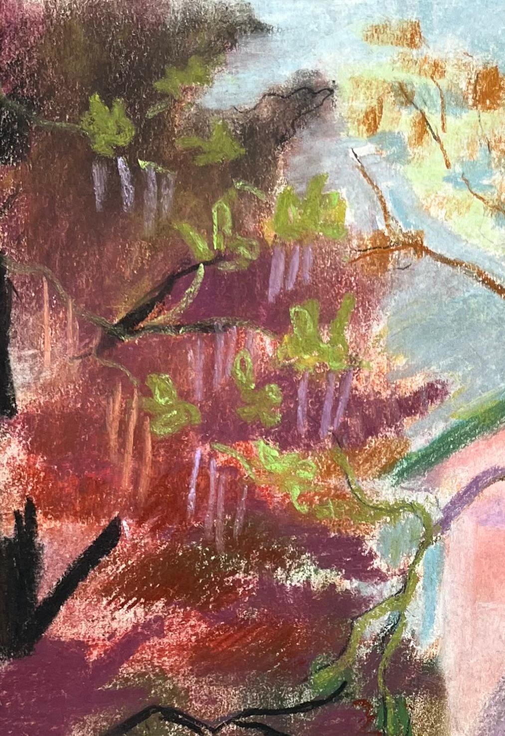 Pastel français du milieu du siècle représentant des arbres de jardin colorés avec parasol et VILLA - Painting de Anne Marie Migette Perard