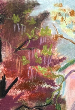 Mid-Century French Pastel of Colourful Garden Trees With Parasol and Villa