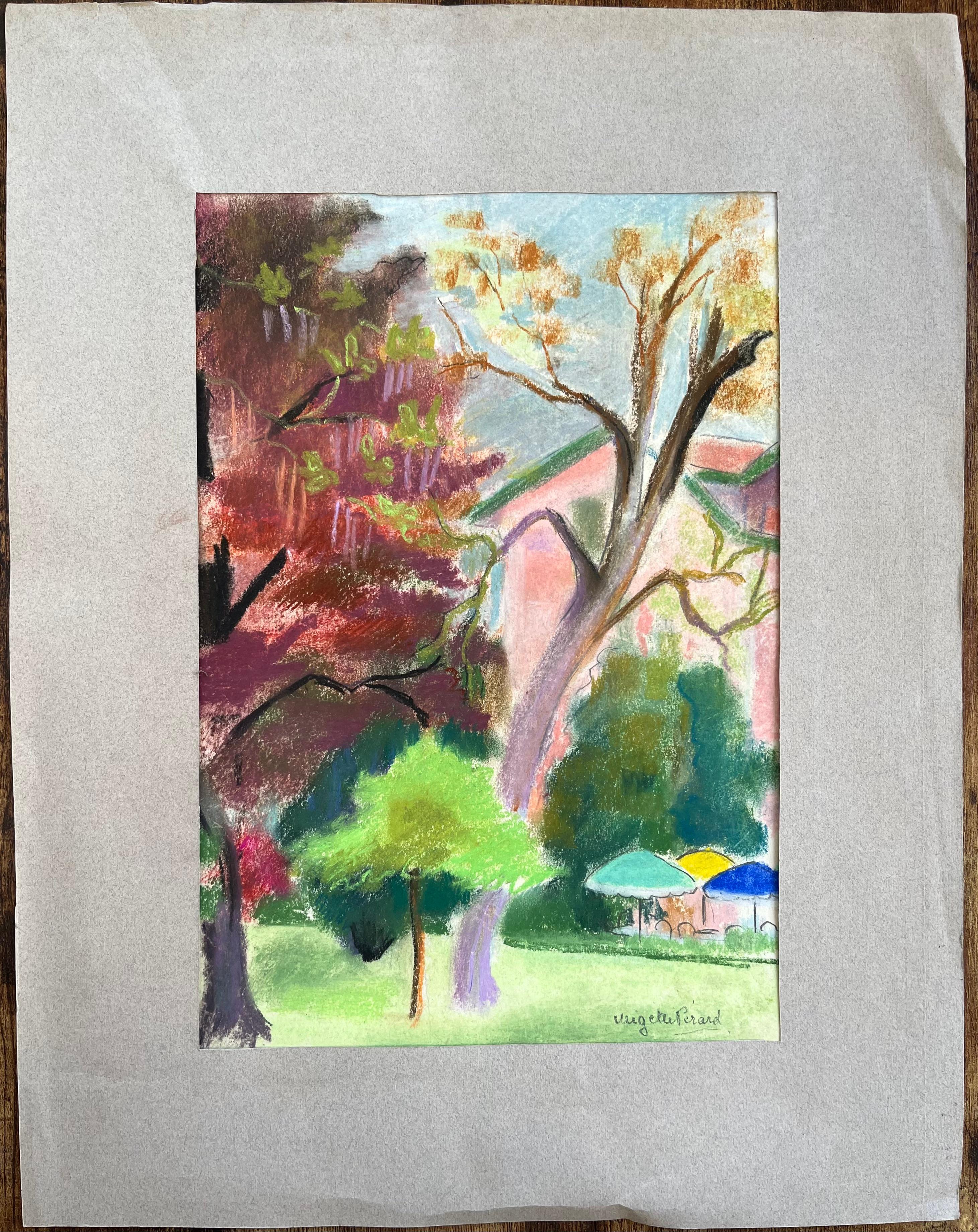 Pastel français du milieu du siècle représentant des arbres de jardin colorés avec parasol et VILLA - Post-impressionnisme Painting par Anne Marie Migette Perard