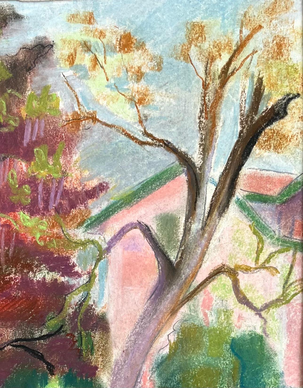 Titre : Pastel français du milieu du siècle représentant des arbres de jardin colorés avec parasol et villa 
par Anne-Marie Migette Perard (française 1902-1977)
Signé : Oui
Support : Pastel sur papier non encadré, avec montage sur papier
Taille :