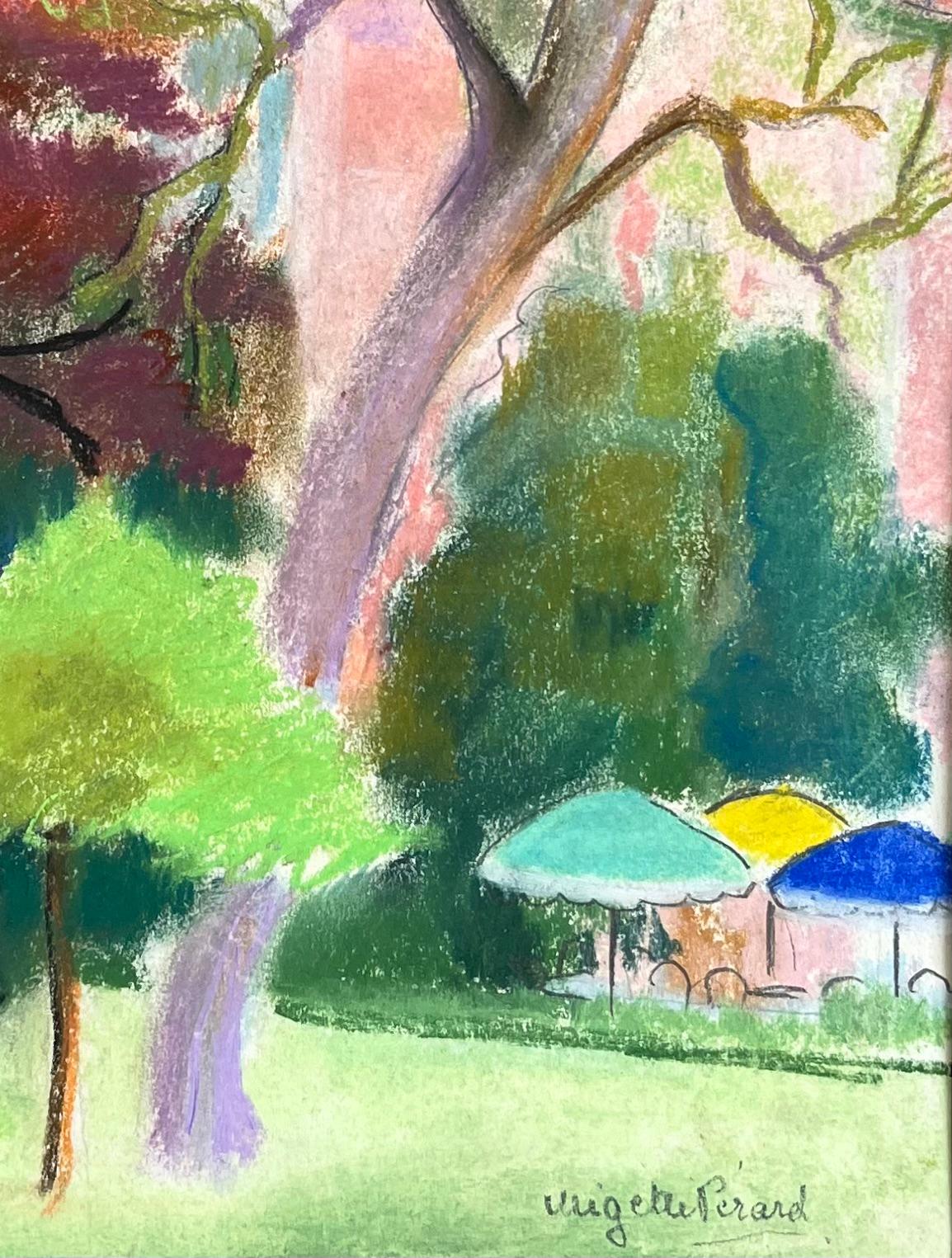Pastel français du milieu du siècle représentant des arbres de jardin colorés avec parasol et VILLA en vente 1
