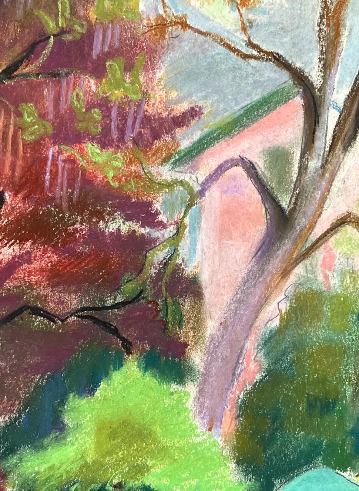 Pastel français du milieu du siècle représentant des arbres de jardin colorés avec parasol et VILLA en vente 2