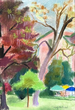 Mid-Century French Pastel of Colourful Garden Trees With Parasol and Villa