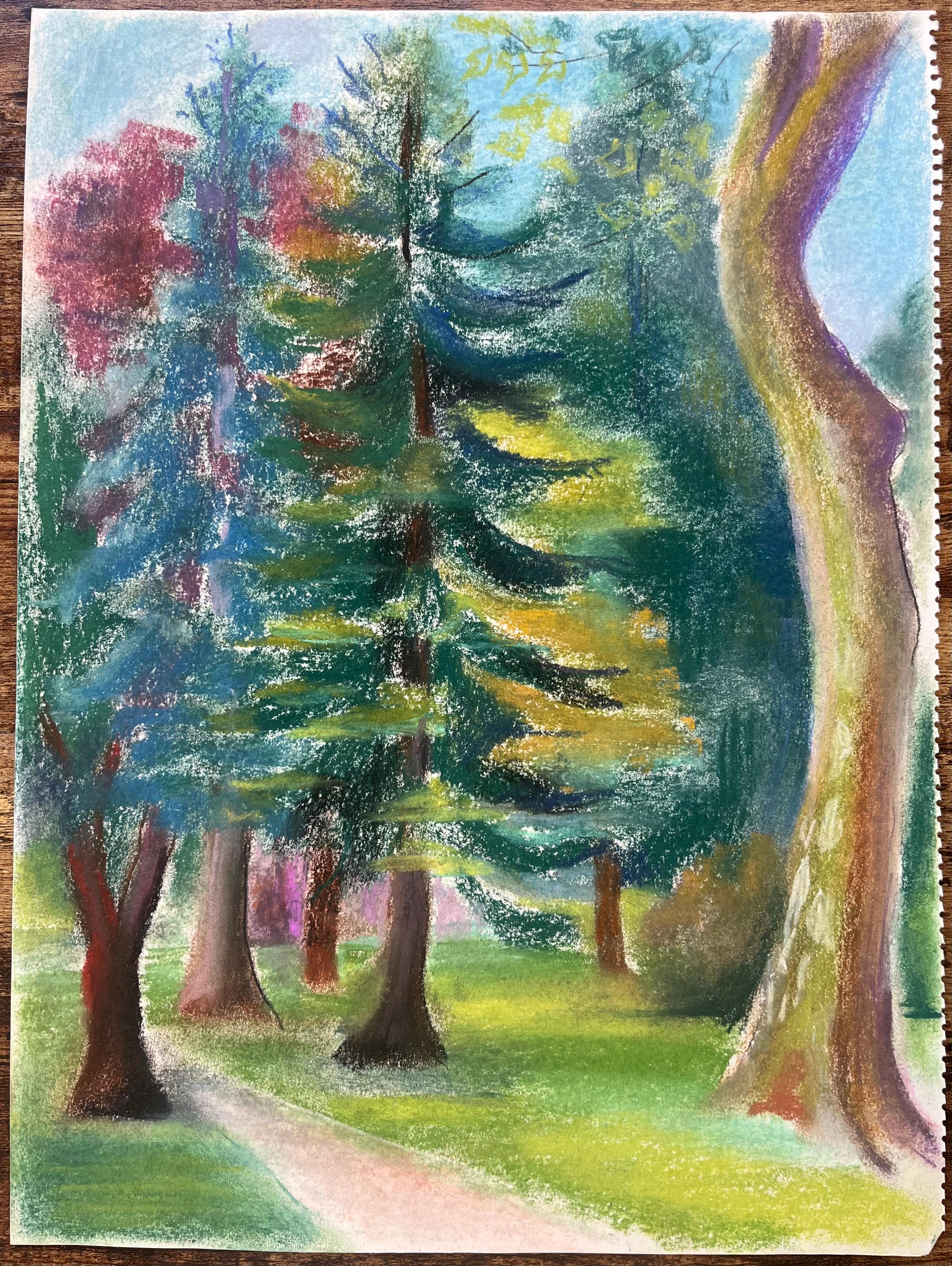Mid-Century French Pastel of Pine Trees in Dappled Forest Light - Painting by Anne Marie Migette Perard