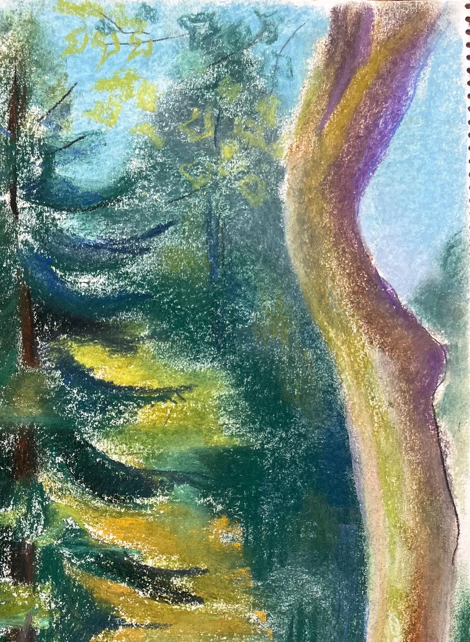 Mid-Century French Pastel of Pine Trees in Dappled Forest Light - Gray Landscape Painting by Anne Marie Migette Perard