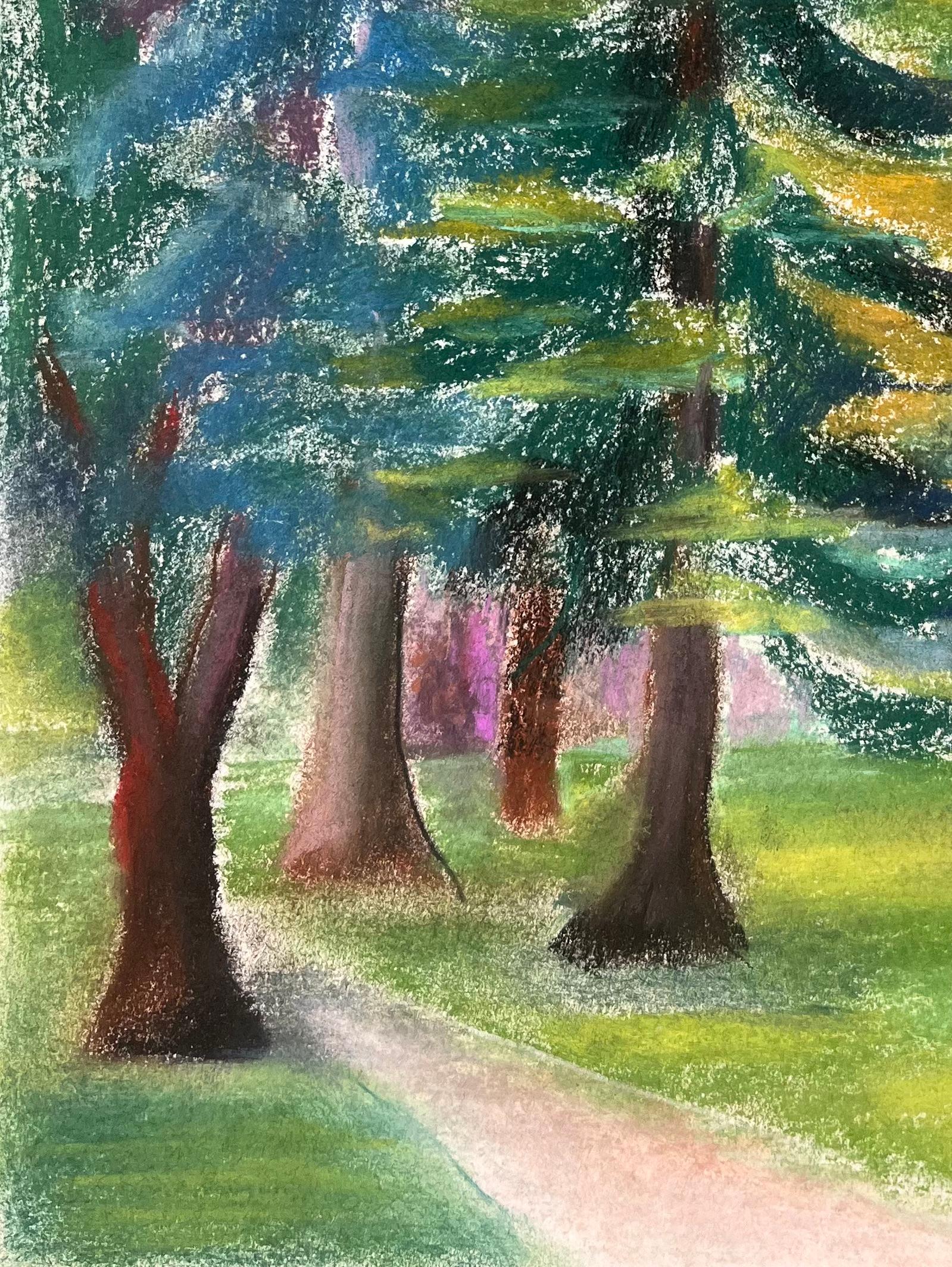 Title: Mid-Century French Pastel of Pine Trees in Dappled Forest Light
by Anne Marie Migette Perard (French 1902-1977)
Medium: Pastel on unframed paper
Size: 15.75 inches (height) x 11.75 inches (width) 
Condition: As is normal with unframed works