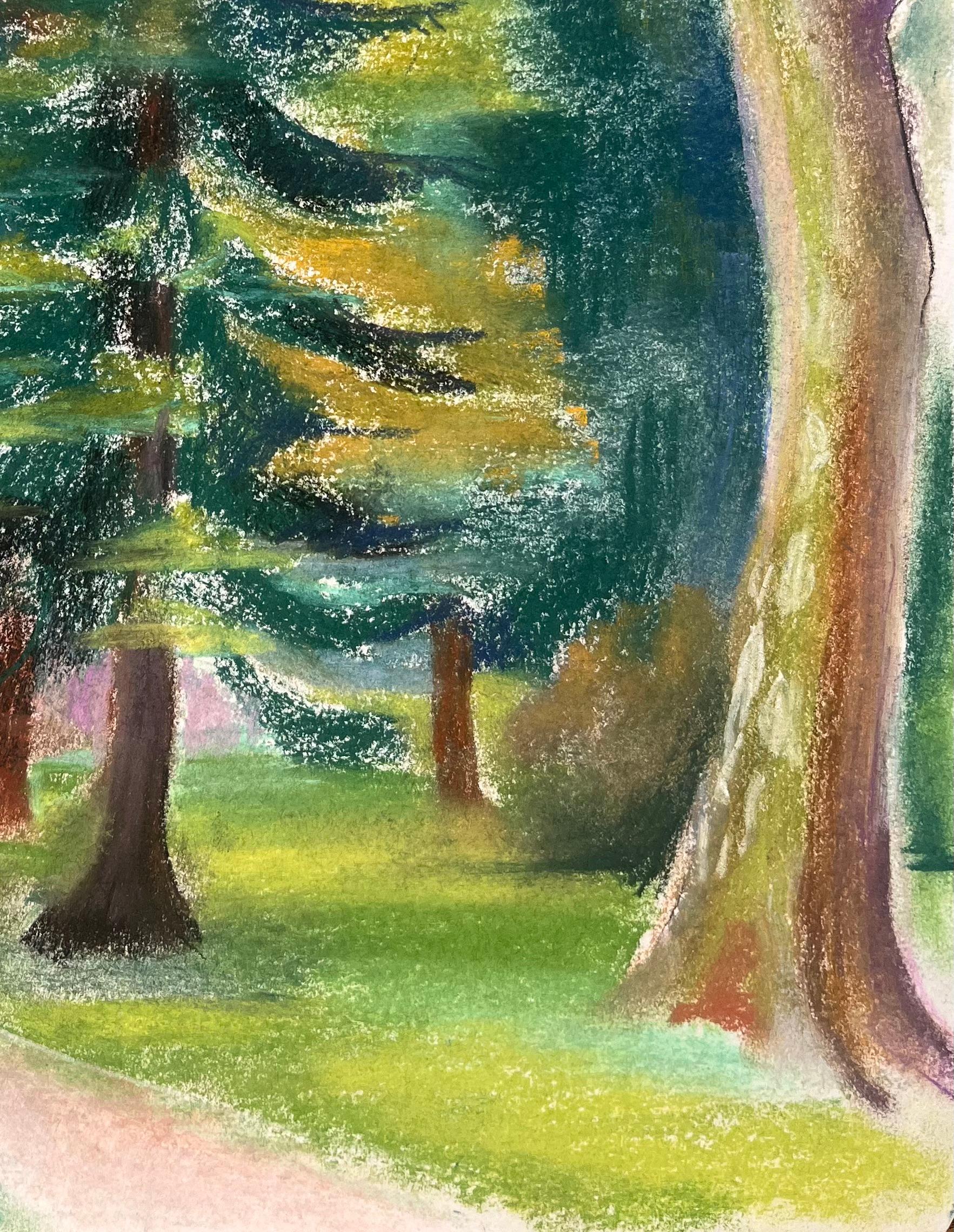 Mid-Century French Pastel of Pine Trees in Dappled Forest Light For Sale 1