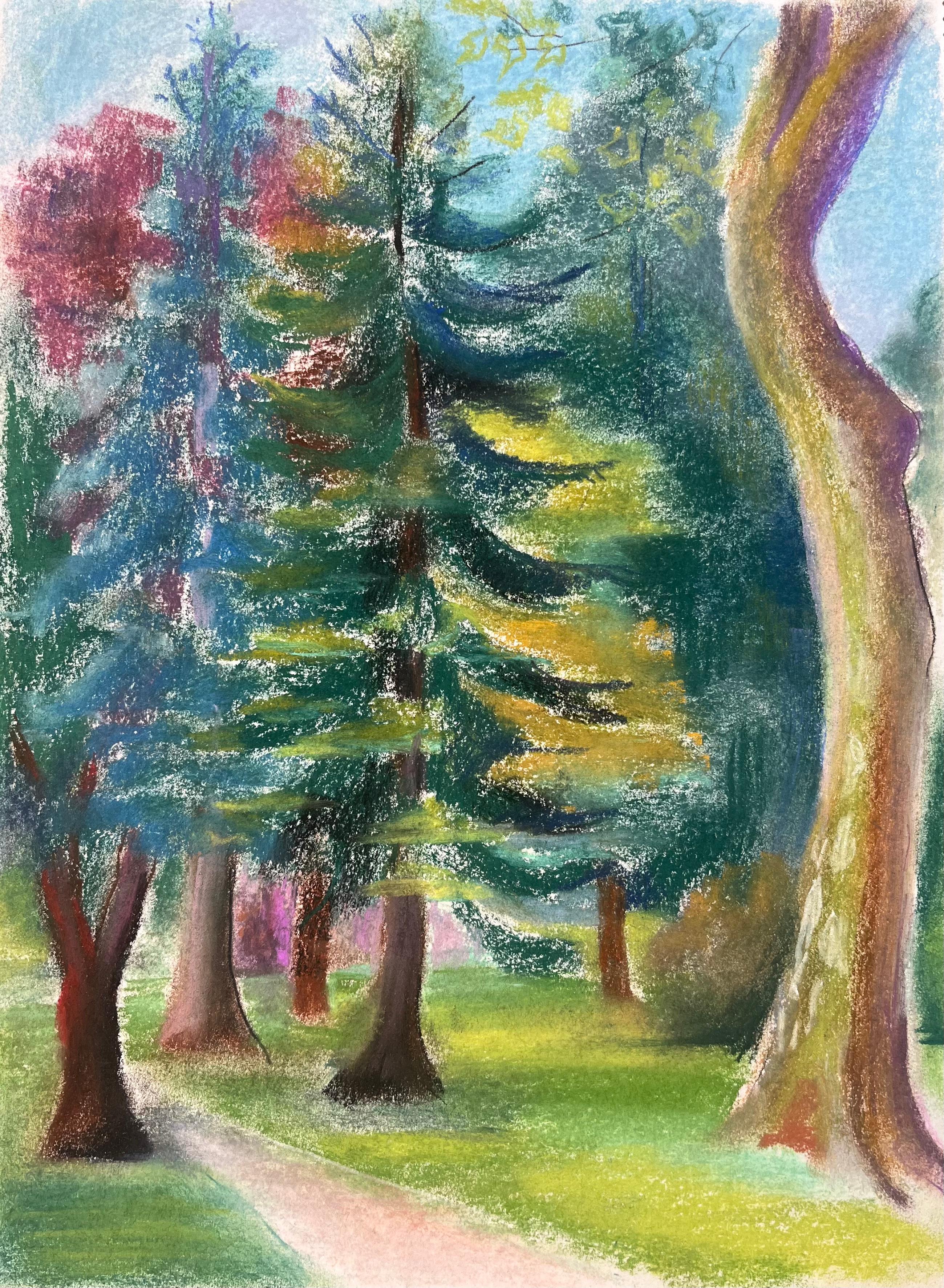 Anne Marie Migette Perard Landscape Painting - Mid-Century French Pastel of Pine Trees in Dappled Forest Light