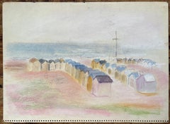 Mid-Century French Pastel Seaside Landscape With Beach Huts and Distant Mast