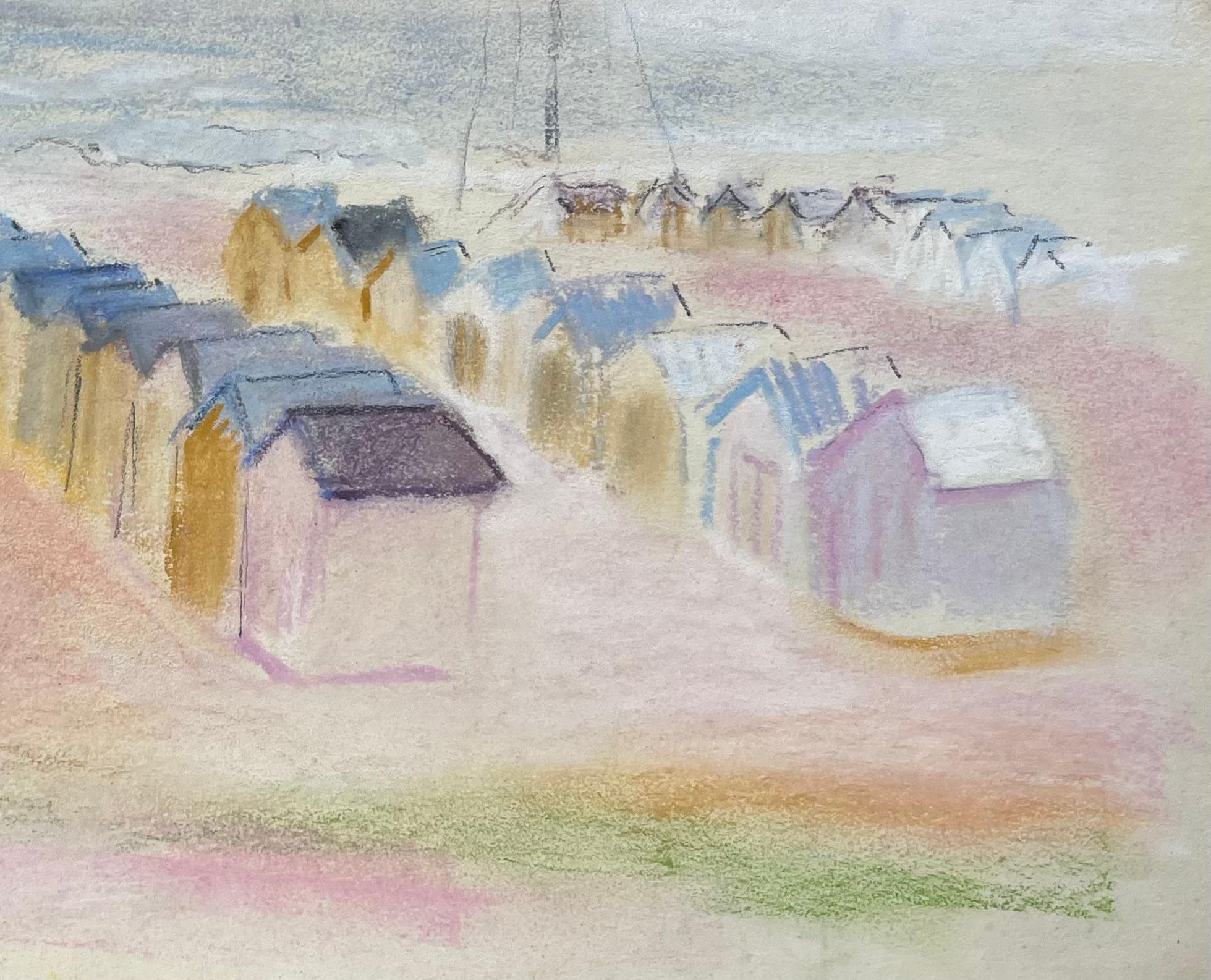Paysage de bord de mer pastel du milieu du siècle dernier, avec huttes de plage et masques de distance - Post-impressionnisme Painting par Anne Marie Migette Perard