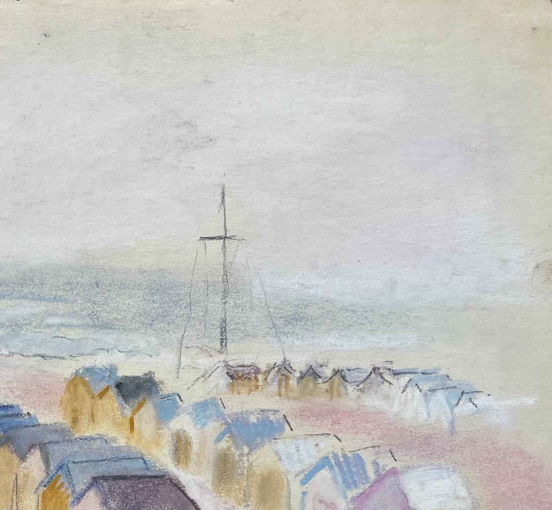Titre : Paysage de bord de mer au pastel français du milieu du siècle avec cabanes de plage et mât lointain
par Anne-Marie Migette Perard (française 1902-1977)
Support : Pastel sur papier non encadré
Taille : 10,75 pouces (hauteur) x 14,5 pouces