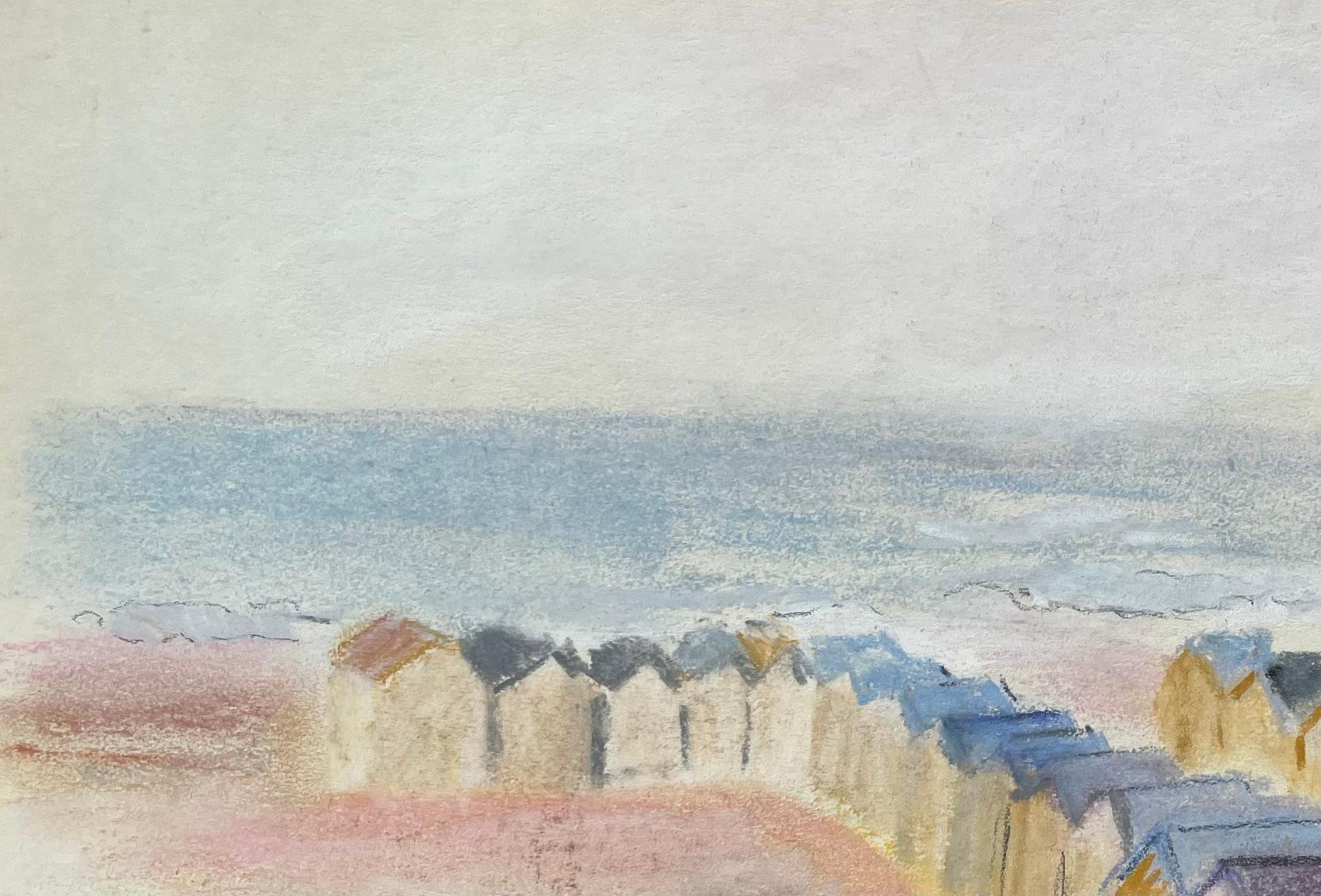Paysage de bord de mer pastel du milieu du siècle dernier, avec huttes de plage et masques de distance en vente 1