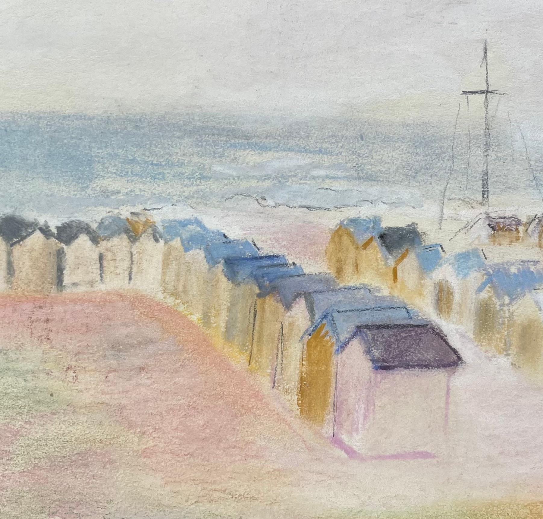 Paysage de bord de mer pastel du milieu du siècle dernier, avec huttes de plage et masques de distance en vente 2