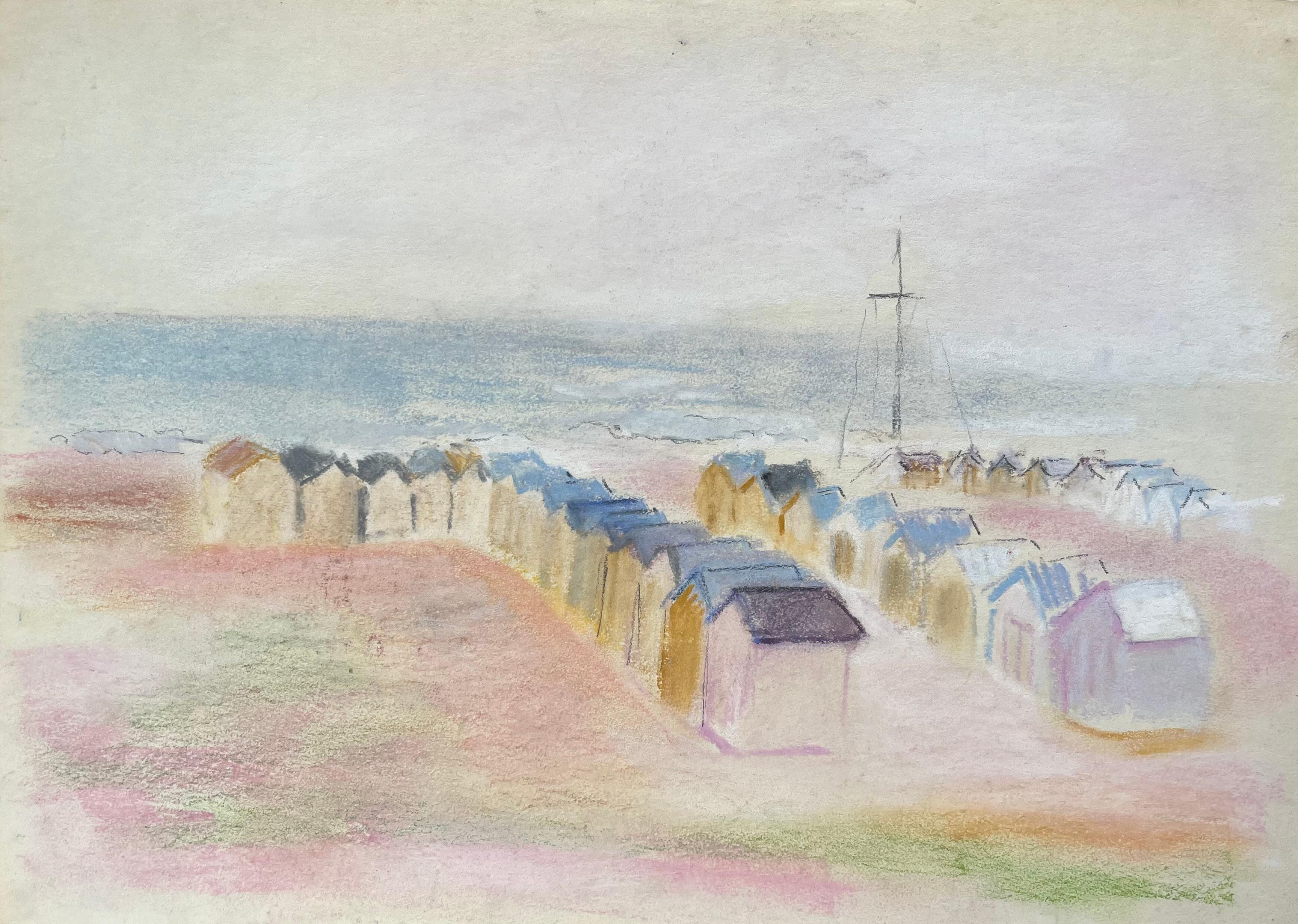 Figurative Painting Anne Marie Migette Perard - Paysage de bord de mer pastel du milieu du siècle dernier, avec huttes de plage et masques de distance