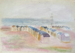 Mid-Century French Pastel Seaside Landscape With Beach Huts and Distant Mast
