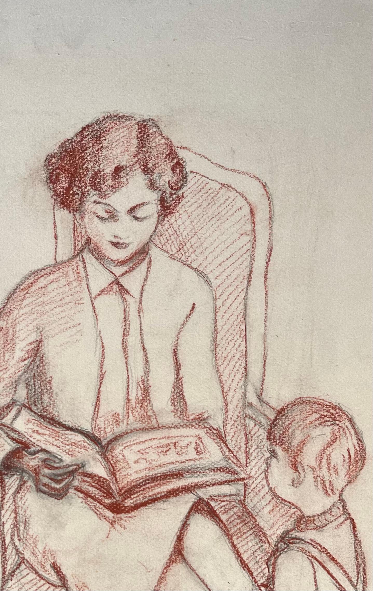 Disegno a pastello rosso di metà secolo della madre che legge al bambino su un piccolo sgabello in vendita 1